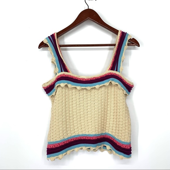 Andrew Marc New York Cream Crocheted Ruffle Stripe Boho Knit Tank Top New Nwt - Picture 10 of 16